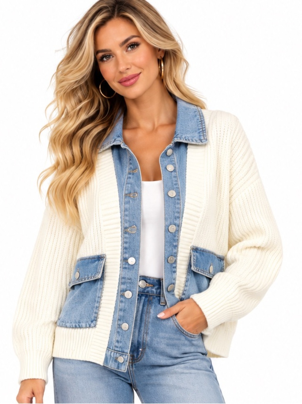 096.NWT Cream Knit Cardigan with Denim Trim - Sweater cardigan oversized